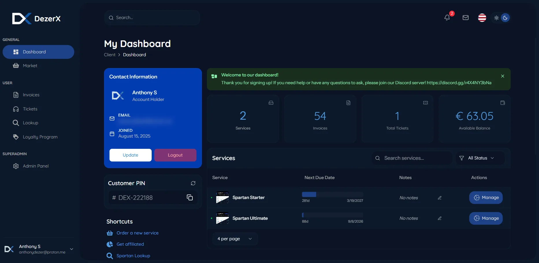 DezerX Spartan billing dashboard showing invoices and provisioned services